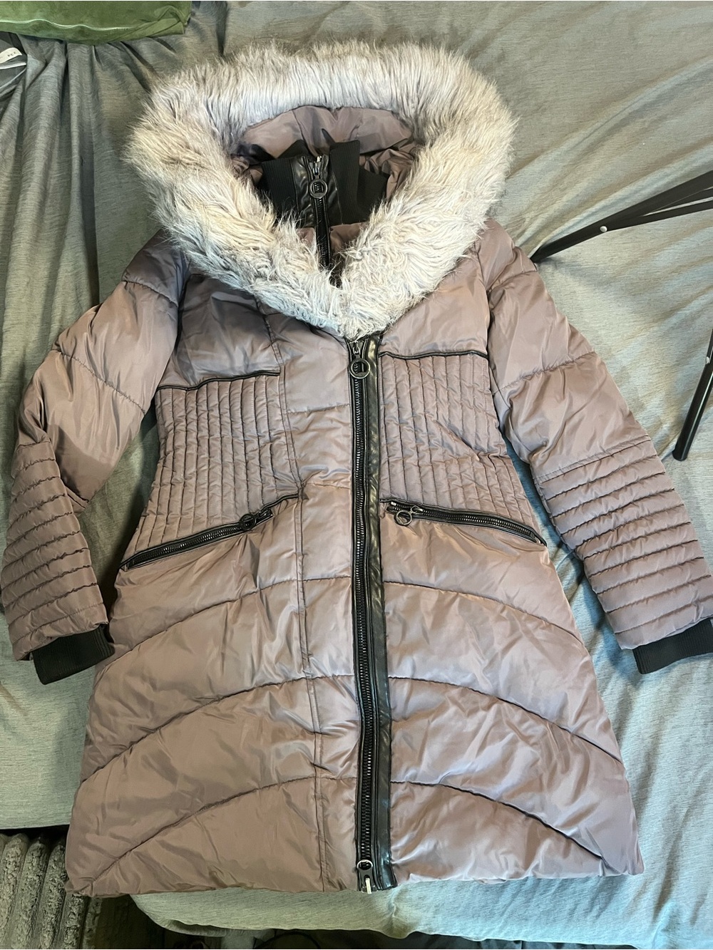 Noize Dusty Purple Faux-Fur & leather Trim Puffer Coat
